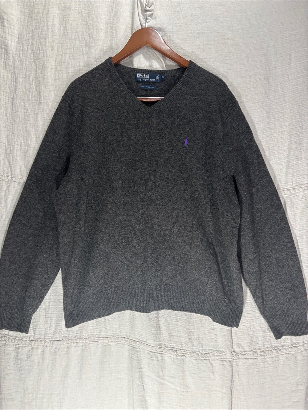 Vintage Polo Ralph Lauren 100% Lambswool V-Neck Sweater Purple Pony XL Y2K 90s